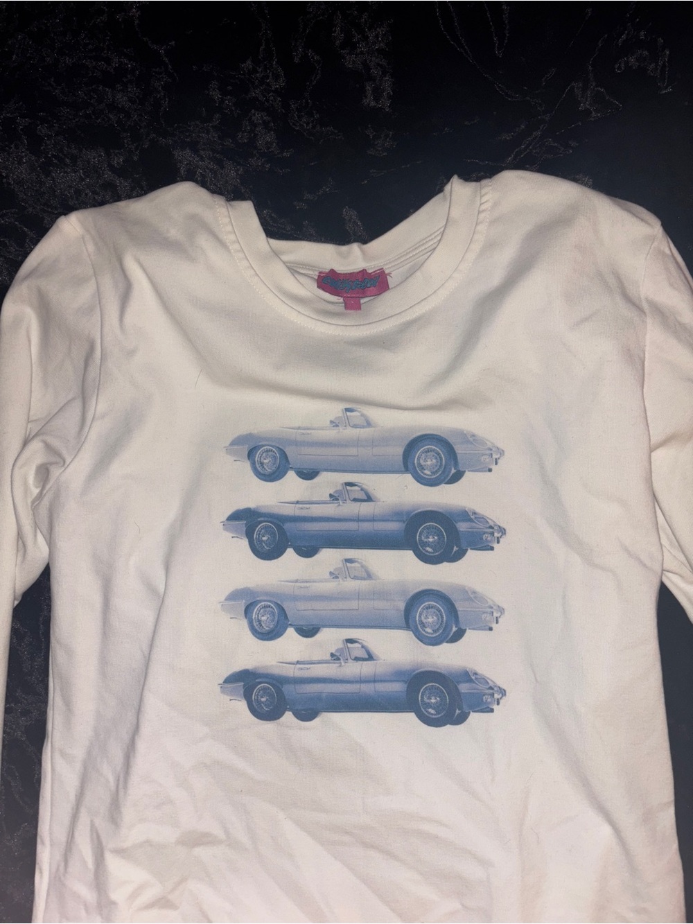 Edikted White Long-Sleeve Tee with Blue Vintage Car Stack